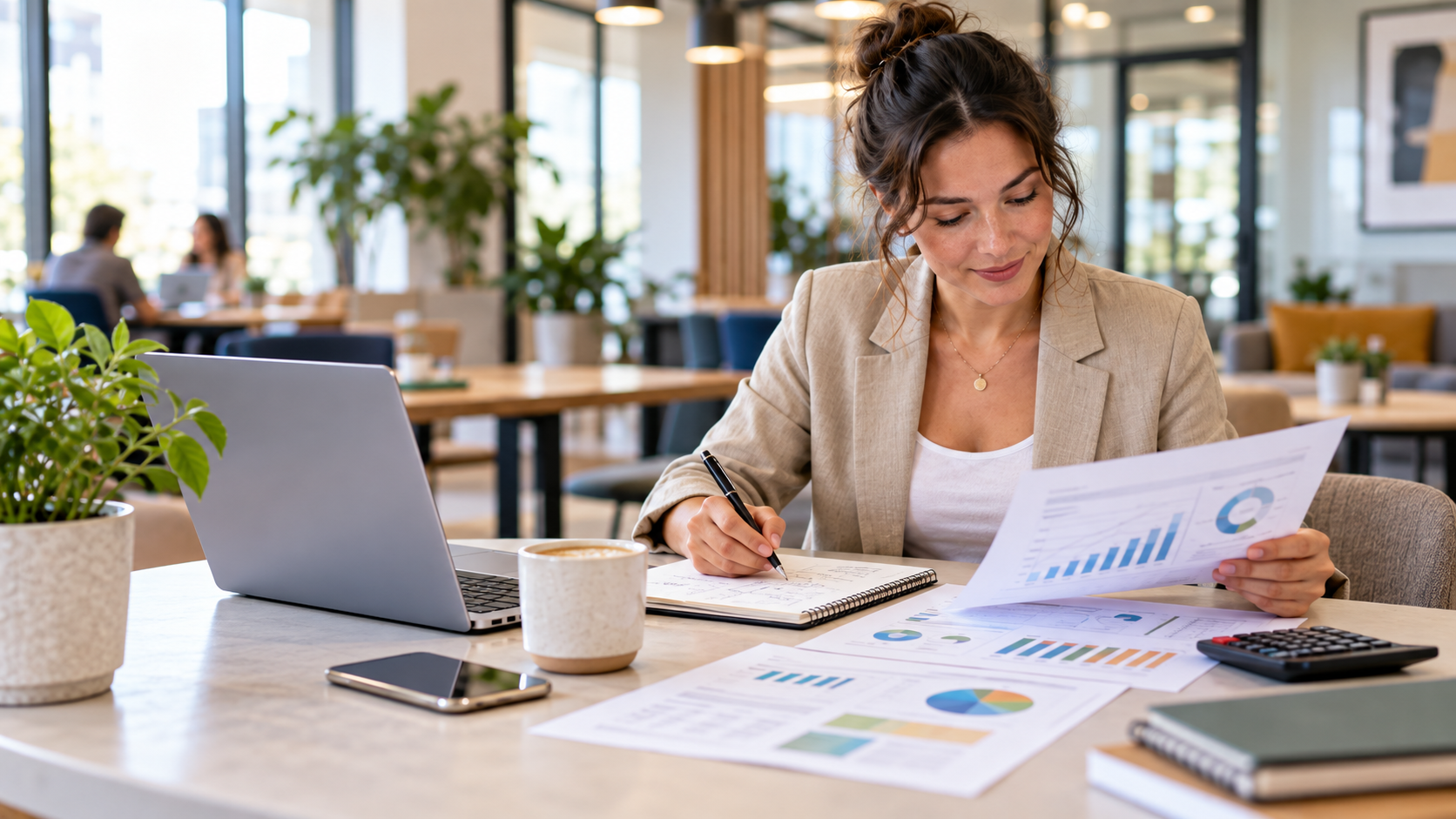 Focused Woman Reviewing Charts in a Modern Office
